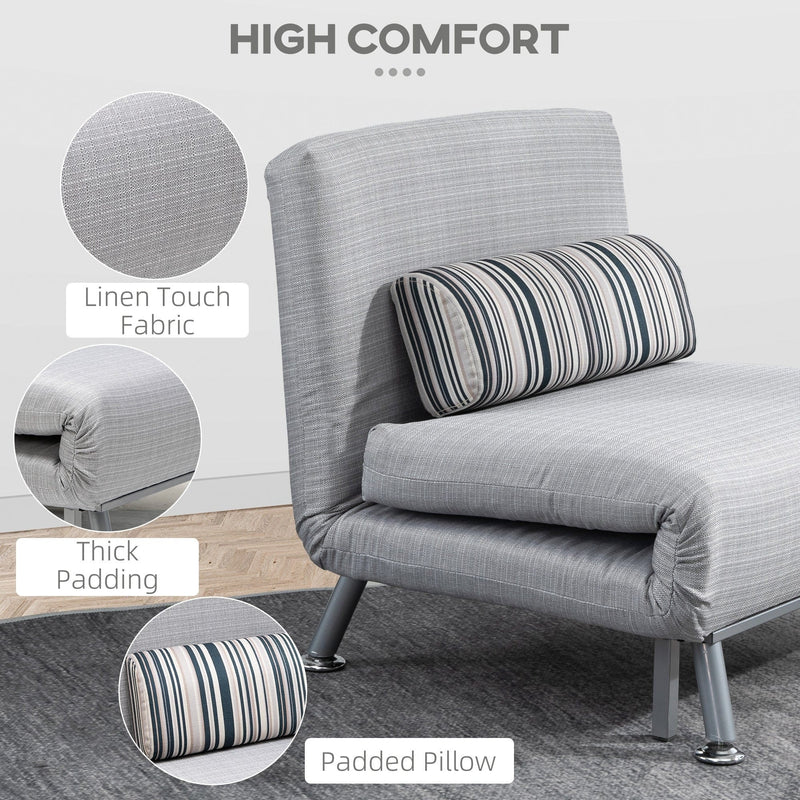 Close-up of linen-look fabric texture and thick padding, grey chair bed