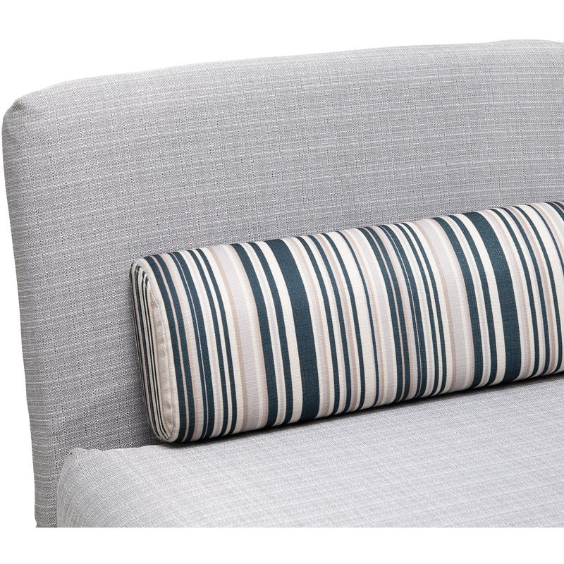 Grey chair bed backrest with striped bolster pillow, close-up angle
