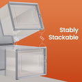 Close-up of the slot connectors stacking two transparent and grey Songmics shoe boxes securely