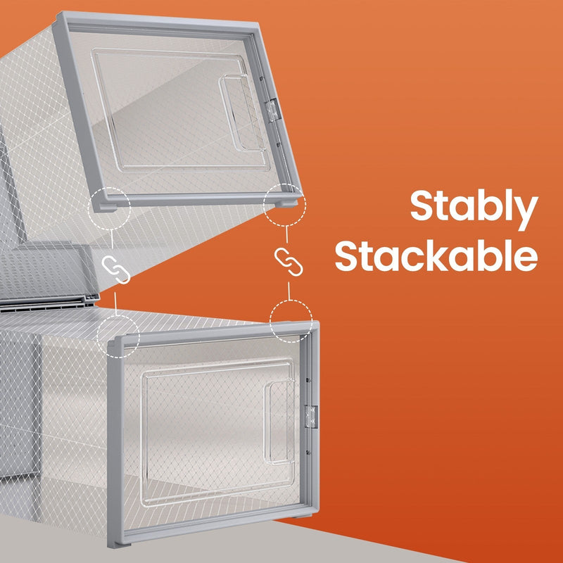 Close-up of the slot connectors stacking two transparent and grey Songmics shoe boxes securely