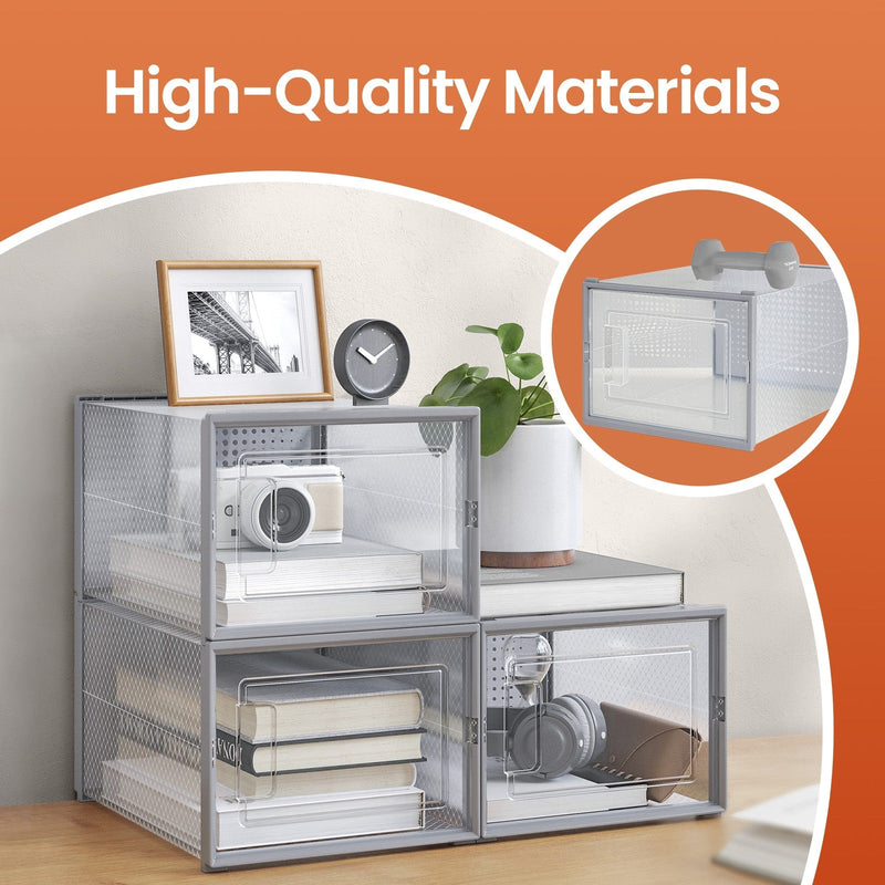 Stacked transparent and grey Songmics shoe storage boxes used as a bedside unit with books and decor