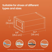 Dimensions diagram showing the Songmics shoe box size 35 x 25.2 x 19 cm with shoe size icons