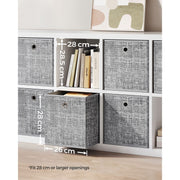 Storage cube on a shelf with dimension callouts showing 26 cm depth and 28 cm height