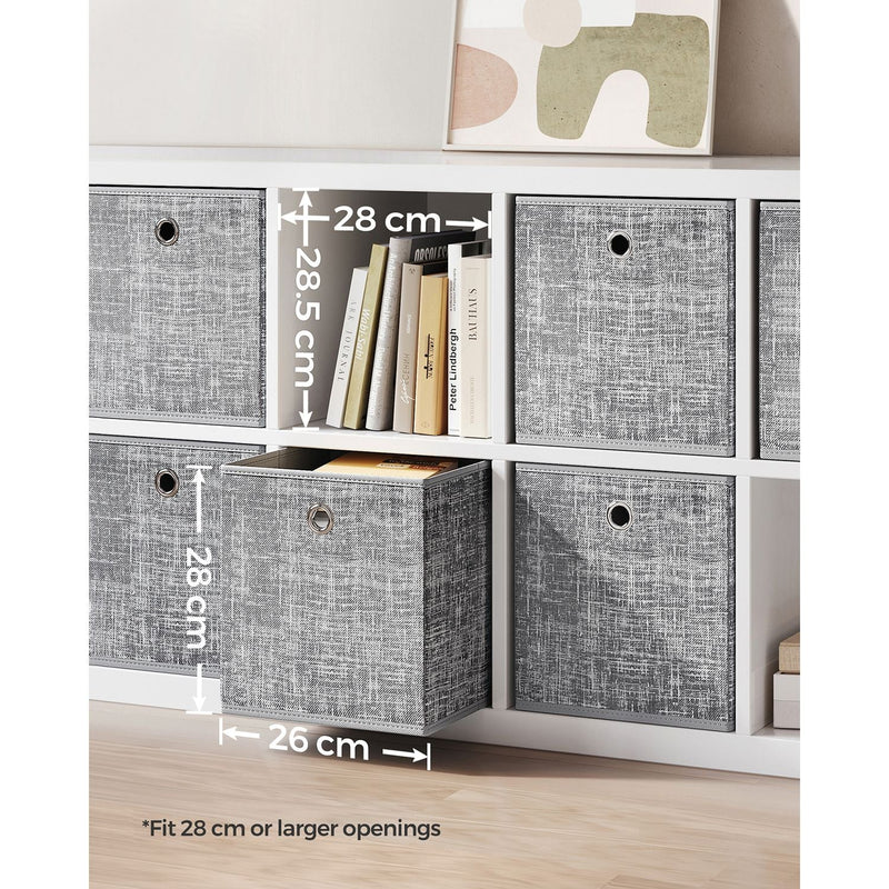 Storage cube on a shelf with dimension callouts showing 26 cm depth and 28 cm height