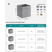 Labelled diagram of the 26 x 26 x 28 cm storage cube with S, M and L size comparison chart