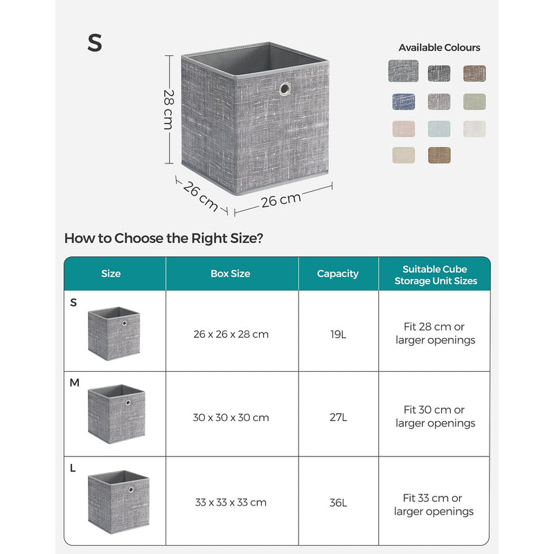 Labelled diagram of the 26 x 26 x 28 cm storage cube with S, M and L size comparison chart