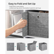 Step-by-step diagram showing the box folding flat and unfolding to set up