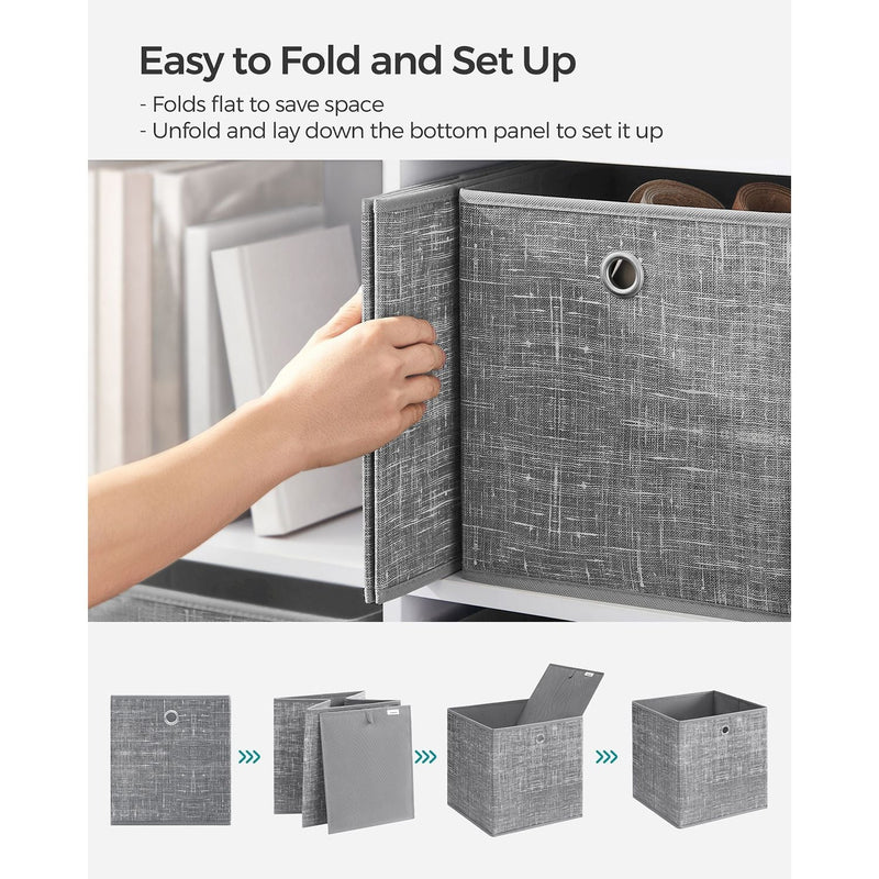 Step-by-step diagram showing the box folding flat and unfolding to set up