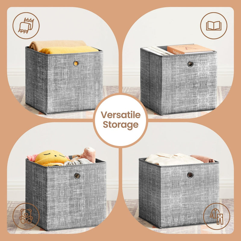 Four panel graphic showing the cubes holding jumpers, books, toys and folded towels