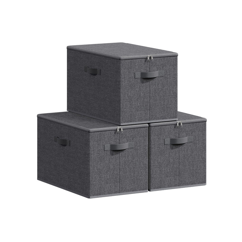 Set of 3 slate grey foldable storage boxes with zip lids and handles, stacked together