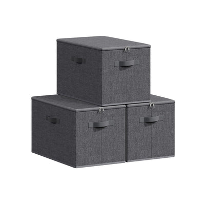 Set of 3 slate grey foldable storage boxes with zip lids and handles, stacked together