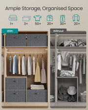 Wardrobe comparison showing an organised closet with storage boxes versus a cluttered closet without them