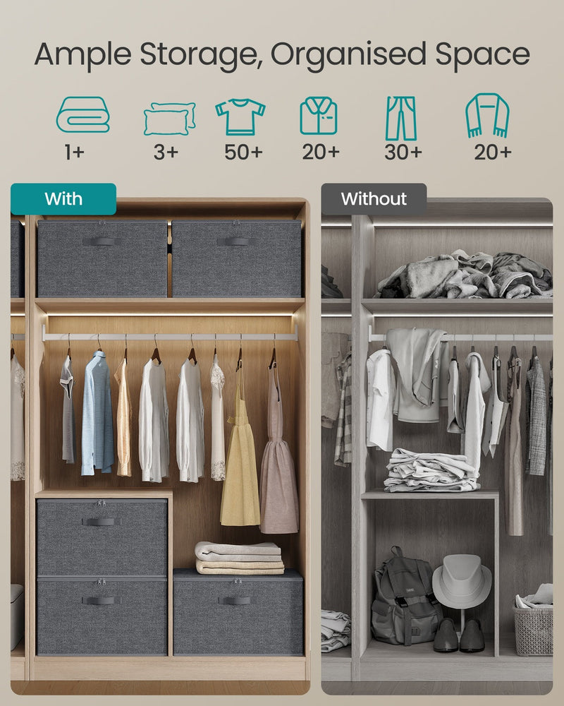 Wardrobe comparison showing an organised closet with storage boxes versus a cluttered closet without them