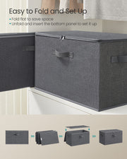 Step-by-step sequence showing the storage box folding flat and unfolding for setup