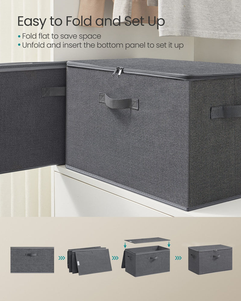 Step-by-step sequence showing the storage box folding flat and unfolding for setup