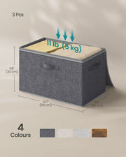 Dimension diagram of a single box showing 50 x 30 x 30 cm and a 5 kg load capacity, with 4 colour options shown