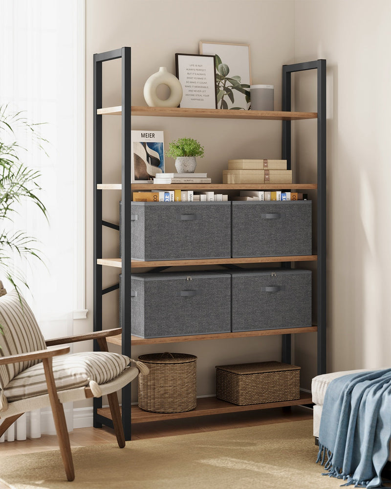 Slate grey storage boxes on an open shelving unit in a living room