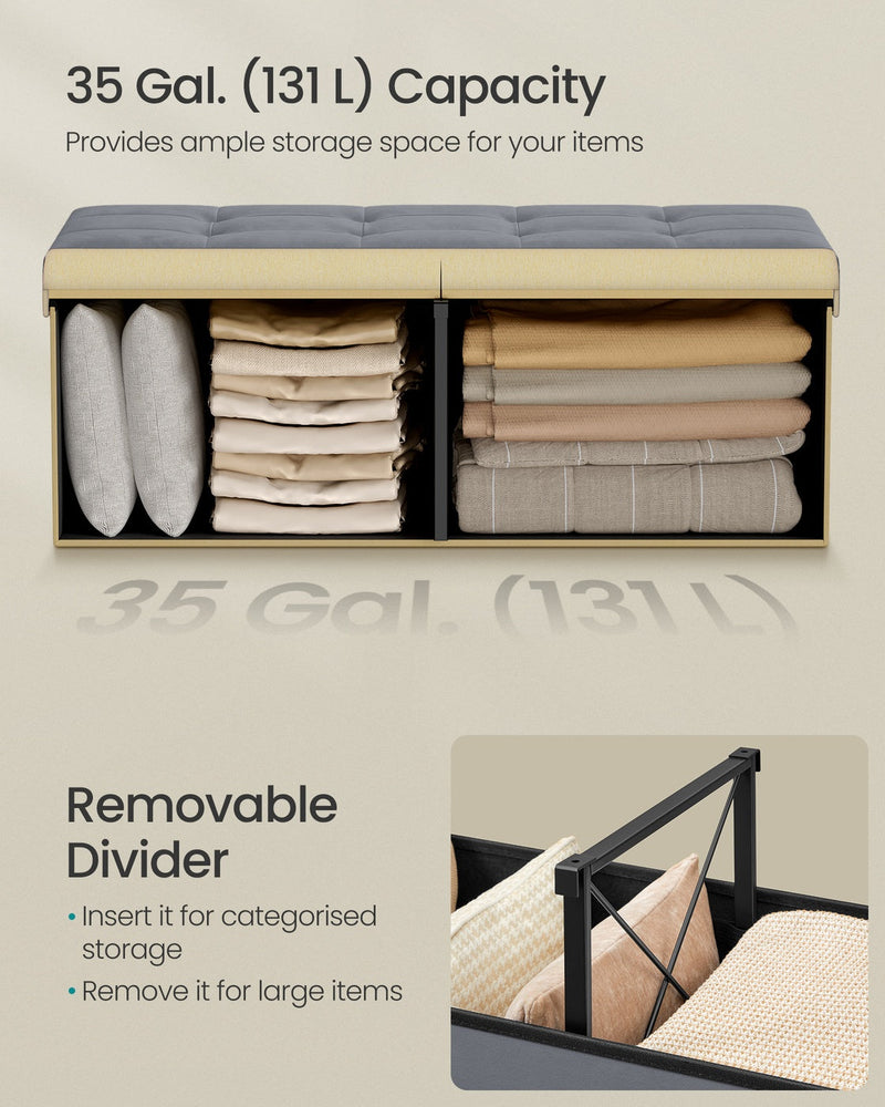Dimensions diagram of the 38 x 110 x 38 cm Songmics ottoman, slate grey