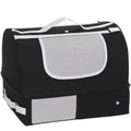 Black foldable travel cat litter box with grey side panels and a carry handle on a white background