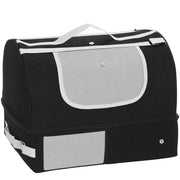 Black foldable travel cat litter box with grey side panels and a carry handle on a white background