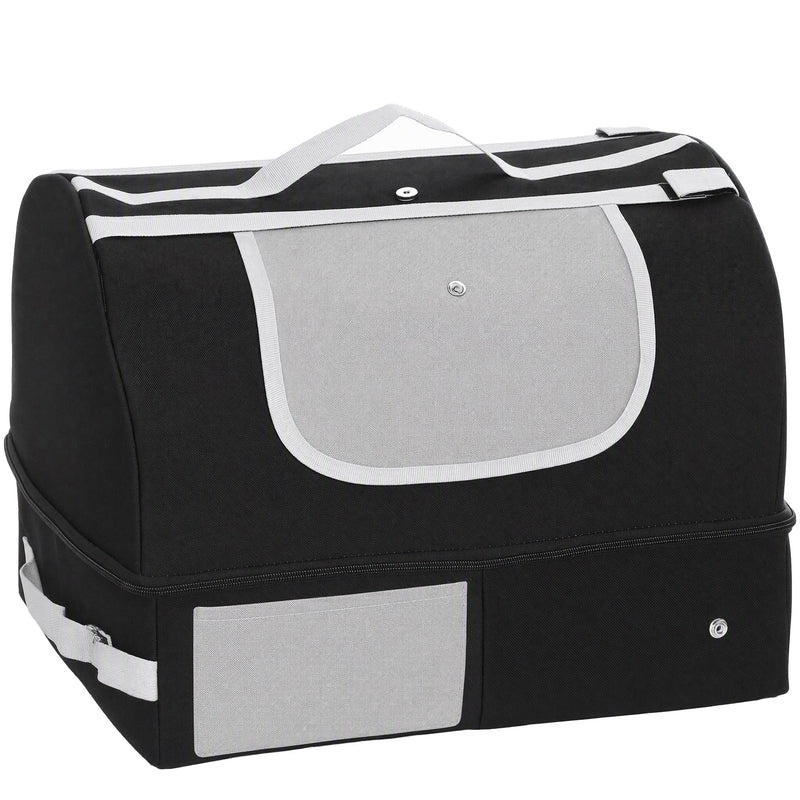 Black foldable travel cat litter box with grey side panels and a carry handle on a white background