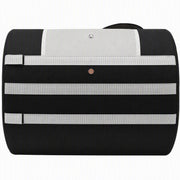 Side view of the black travel litter box showing grey straps on a white background