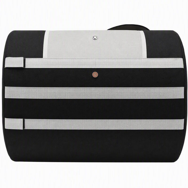 Side view of the black travel litter box showing grey straps on a white background