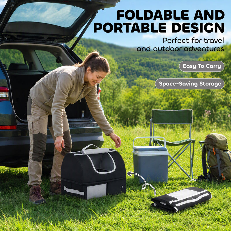 Woman unpacking the black travel litter box beside a car boot, with foldable and portable design text