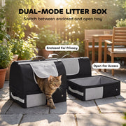 Litter box shown enclosed with a cat and as an open tray on a patio, with dual-mode text