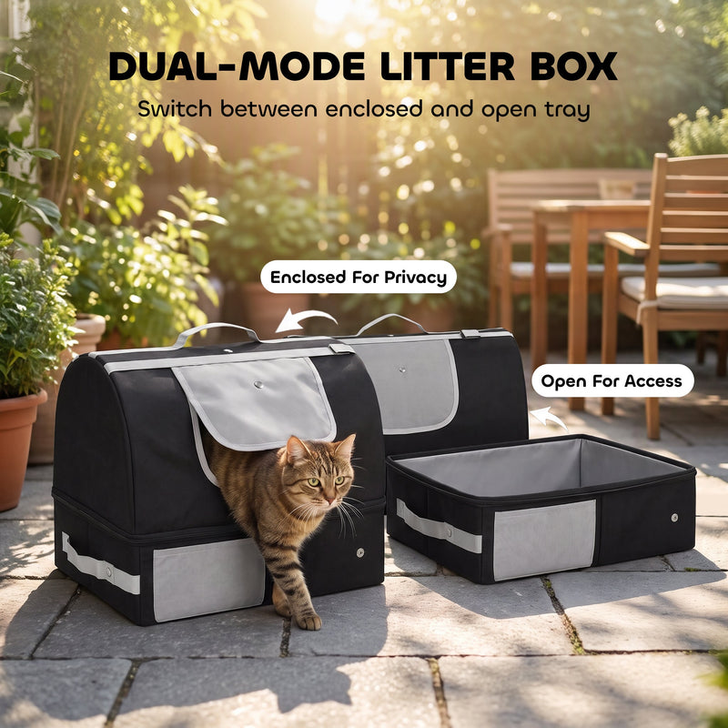 Litter box shown enclosed with a cat and as an open tray on a patio, with dual-mode text