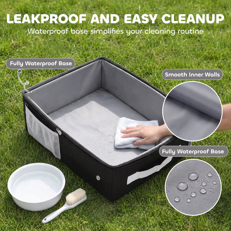Open travel litter tray with a hand wiping the waterproof grey lining on grass