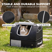 Cat inside the covered black litter box with callouts for 600D Oxford fabric and tough PE boards
