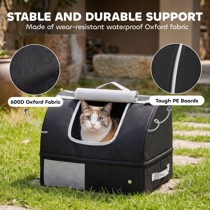 Cat inside the covered black litter box with callouts for 600D Oxford fabric and tough PE boards