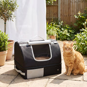 Ginger cat sitting beside the black travel litter box with the lid rolled back on a patio
