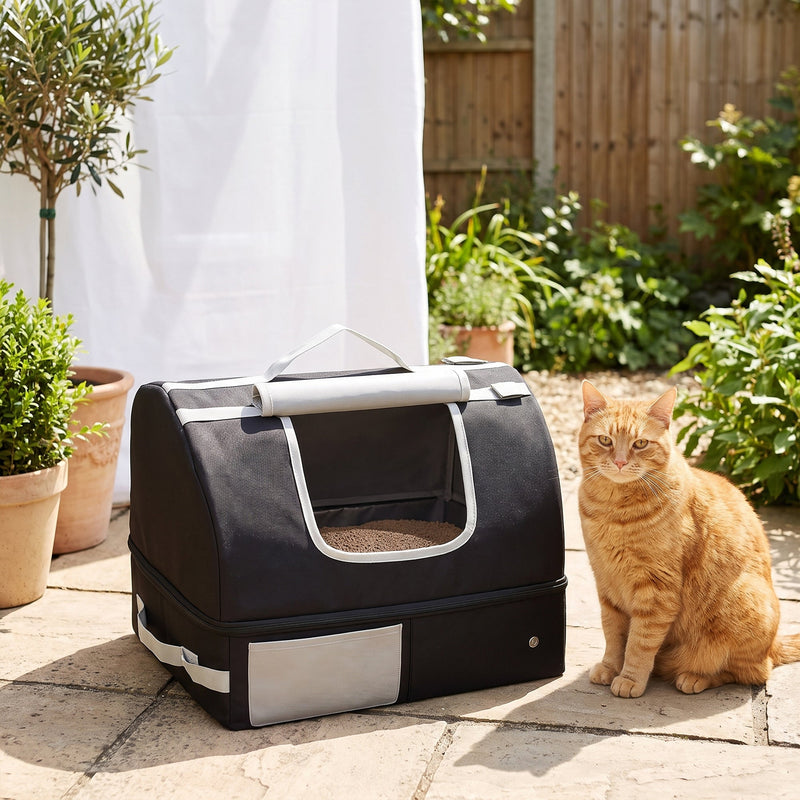 Ginger cat sitting beside the black travel litter box with the lid rolled back on a patio