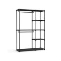 Black foldable wardrobe frame with two hanging rails and five open shelves
