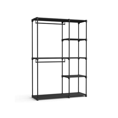 Black foldable wardrobe frame with two hanging rails and five open shelves