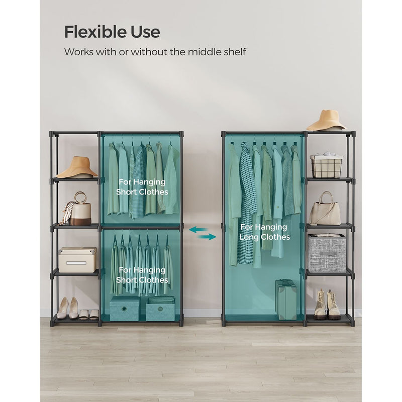 Diagram showing the middle shelf removed to create one taller hanging space