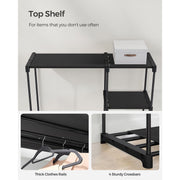 Close-up of the top shelf, clothes rail hooks and reinforced crossbar feet