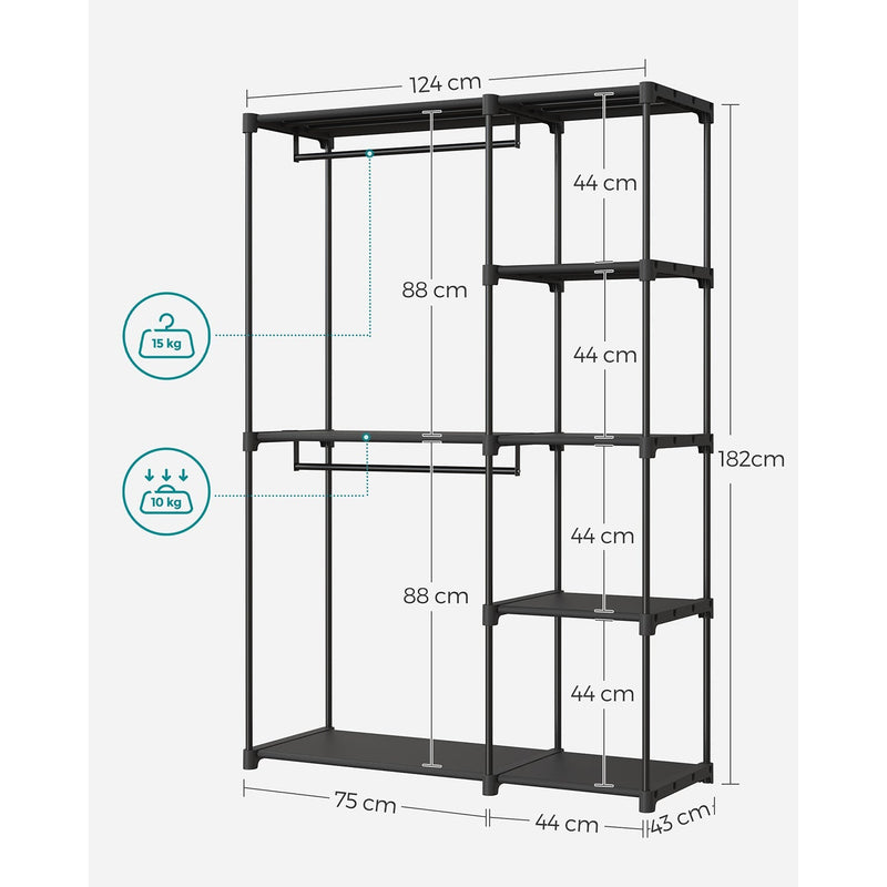 Labelled dimension diagram showing 124 cm width, 182 cm height, 43 cm depth and shelf spacing