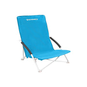 Light blue folding beach chair with black padded armrests and a white steel frame