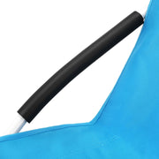 Close-up of the black padded armrest sleeve where it meets the blue seat fabric