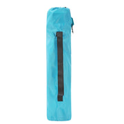 Light blue drawstring carry bag with a black webbing handle strap