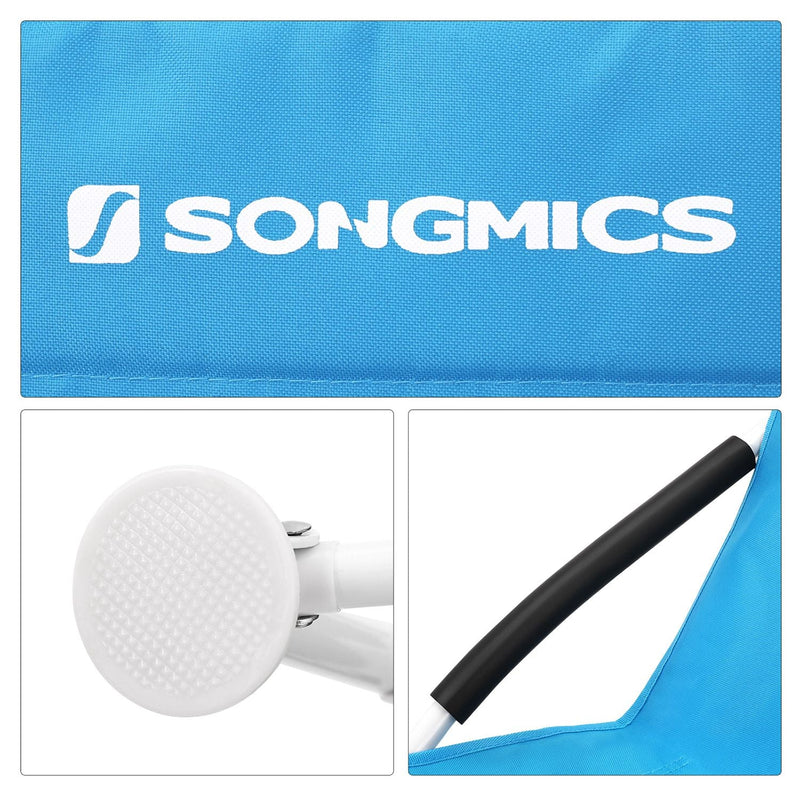 Close-up of the white SONGMICS logo printed on the blue seat fabric