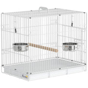 Pawhut white folding bird travel cage with wooden perch and two stainless steel bowls
