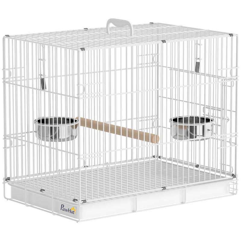 Pawhut white folding bird travel cage with wooden perch and two stainless steel bowls