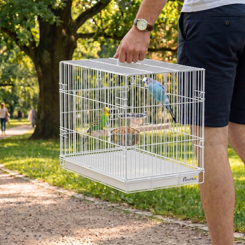 Man carrying the white folding bird cage by its top handle outdoors with budgies inside