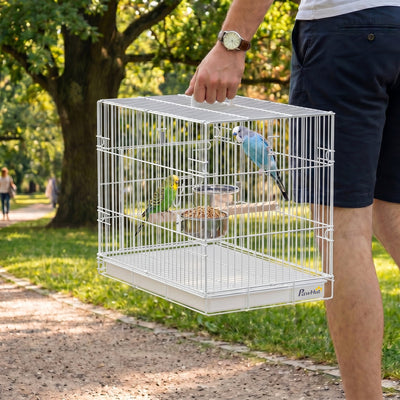 Man carrying the white folding bird cage by its top handle outdoors with budgies inside