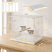 Dimensions diagram of the bird cage showing 49 x 31 x 40 cm and 1.7 cm bar spacing
