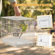 Hand lifting the bird cage by its top handle with insets of the handle and side door